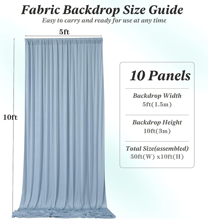 50 ft x 10 ft Wrinkle Free Dusty Blue Backdrop Curtain - Image 7