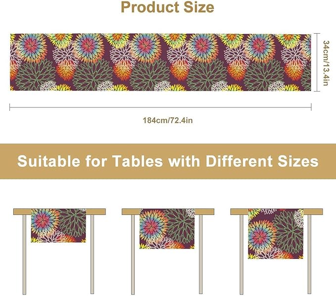 Brown Dahlia Flower Table Runner, Linen Geometric Pattern Floral Table Decor Spring Farmhouse Decorations for Kitchen Dining Holiday Party Decor, 13x60 Inch