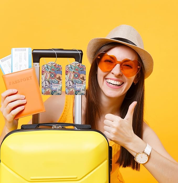 2 Pack Luggage Tags for Suitcases Travel Stamp Luggage Tag Leather Stainless Steel Loop Label Tag for Women Girl Travel Bag Suitcase