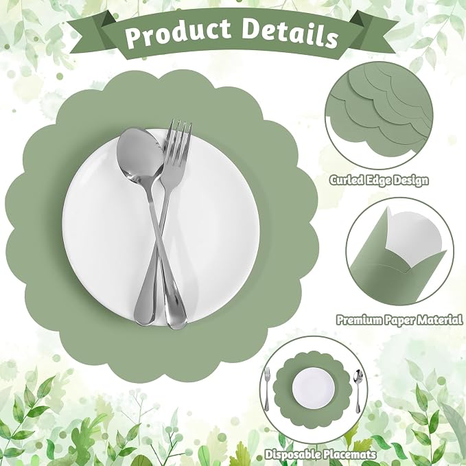 NatNarr 60 Pcs Sage Green Scalloped Paper Placemats, 13.5 Inch | Disposable - Image 3