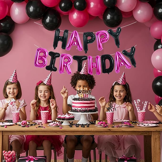 TONIFUL Black Hot Pink Happy Birthday Balloon Banner Decor - Image 5