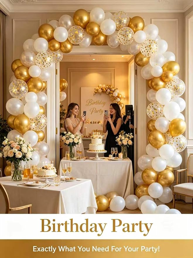 Gold and White Balloons 12 Inch 60 Pcs Metallic Gold Pearl White Latex Confetti - Image 2