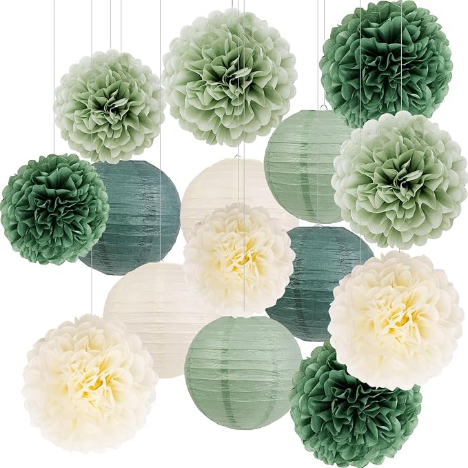Green Birthday Party Decorations Paper Lanterns and Pom Poms 15pcs Set | Baby by Unknown