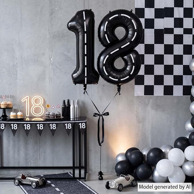Black and White Stripes Number 18 Balloon 40 Inch, Foil Track Numeral | - Image 3