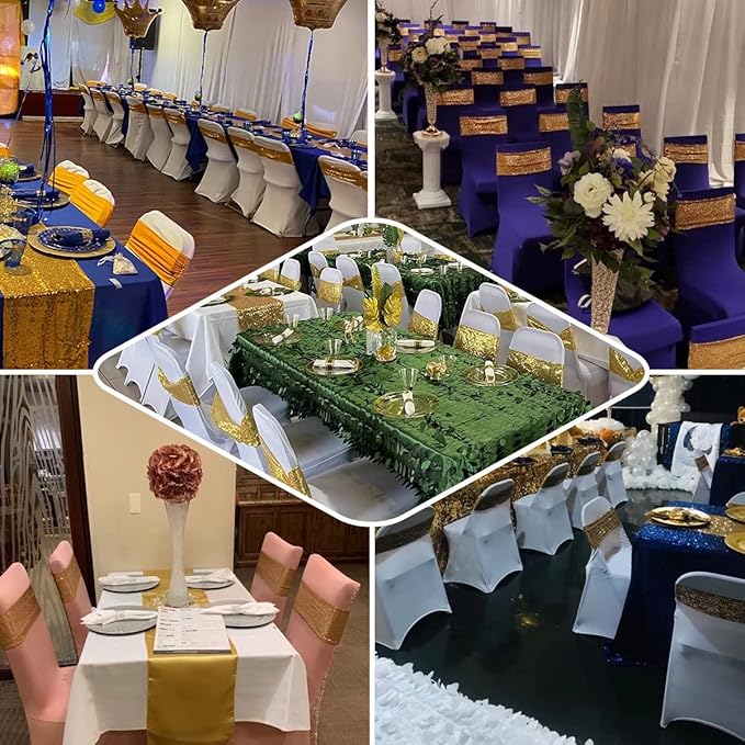 10 Pcs Chair Sashes Sequin Stretch Chair Bands Spandex Polyester Bows for Party Hotel Wedding Banquets Decoration - Magenta