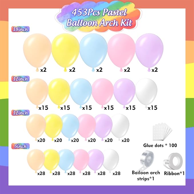 453Pcs Pastel Balloon Arch Kit, 7 Macaron Assorted Colors Balloon Garland Kit - Image 2