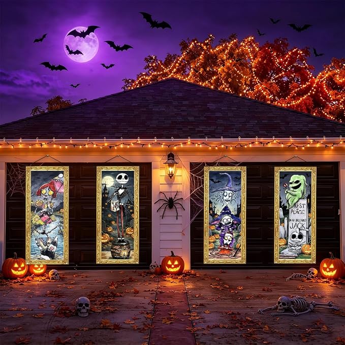 Funny Halloween Banner 4pc October Purple Skull Backdrop Sign Spider Web Party - Image 3