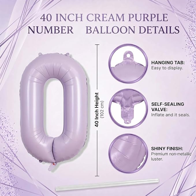 Cream Purple Number 0 Balloon 40 Inch, Foil Numeral - Image 4