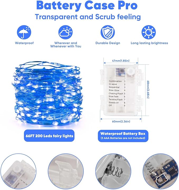 2 Pack 65.6 Ft. Battery Operated Outdoor String Lights with Remote & Timer, LED Blue Fairy Lights, Waterproof Twinkle Lights for Bedroom, Dorm, Mason Jar, Wedding, Party, Christmas