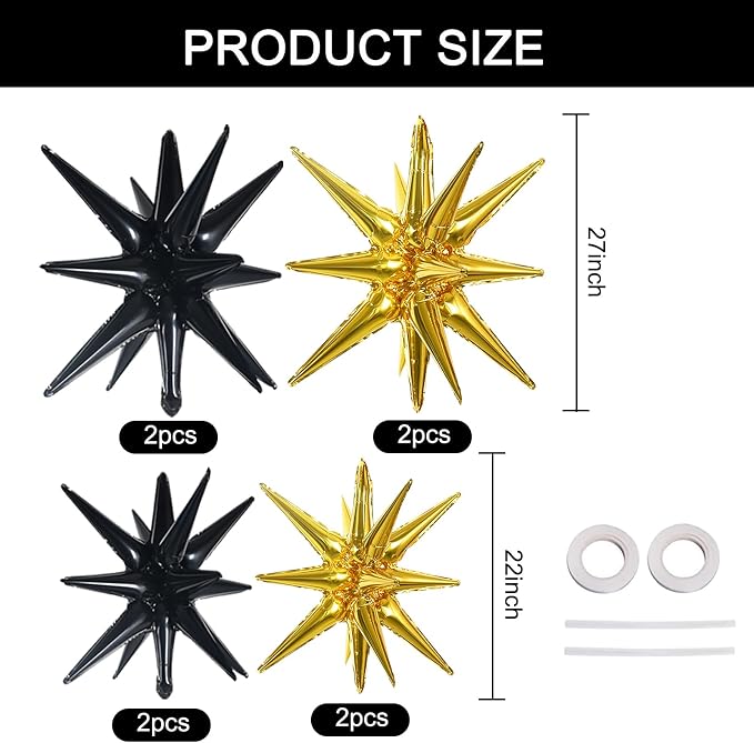 TONIFUL 8 Pcs Explosion Star Balloons Black and Gold Foil Party Decorations | 2 - Image 2
