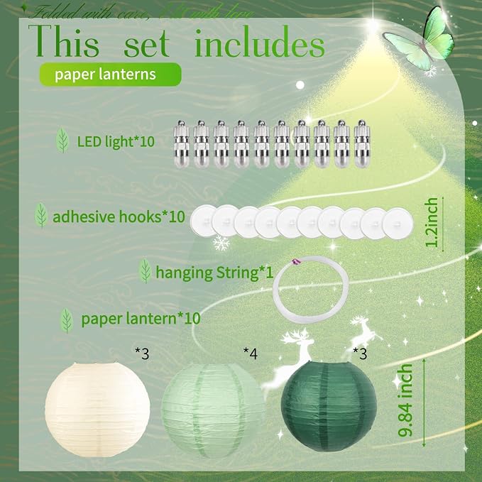Boho Chinese Paper Lanterns LED Lights, Sage & Forest Green - Image 3