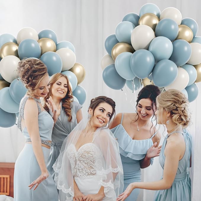 60pcs Dusty Blue Balloons with 12inch Sand White Metallic Gold Balloons | - Image 7