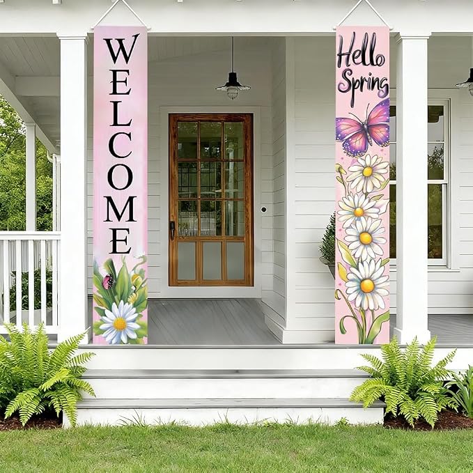 2 Piece Porch Banners 71x12 Inch Hello Spring Butterfly Door Decor | Two-piece - Image 5