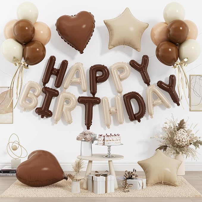 29PC Cream Brown Happy Birthday Balloon Banner, 16Inch 3D Aluminum Letter by Paready