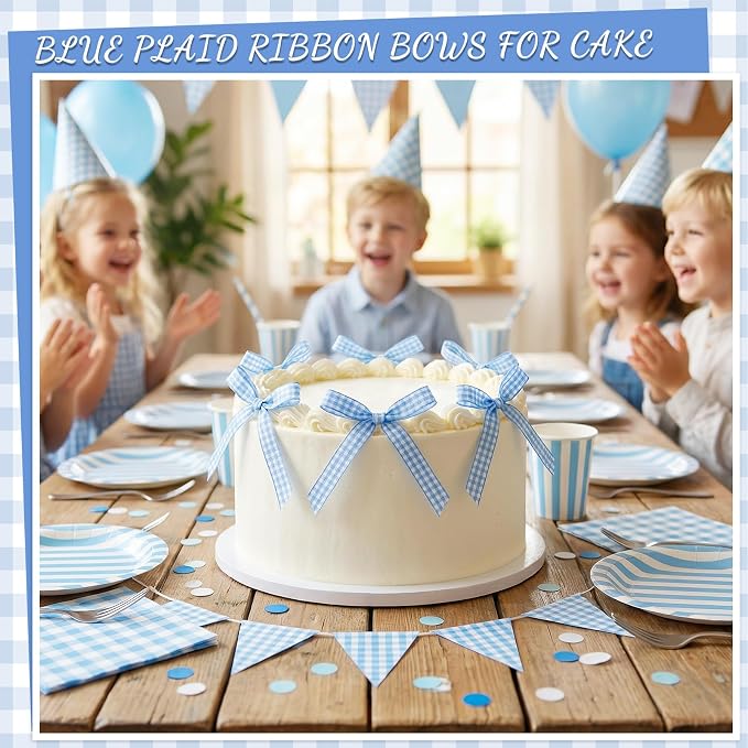 30 Pack Bow Cake Toppers Blue Gingham Ribbons Bows - Image 4