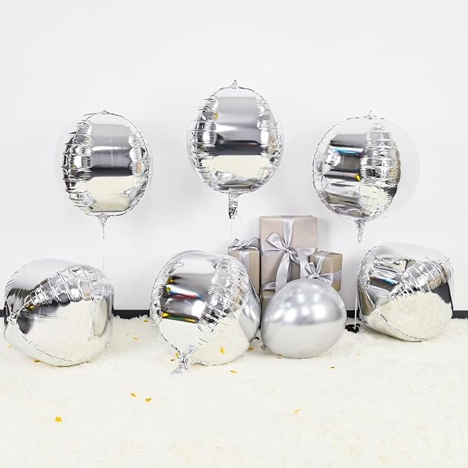 6Pcs Silver Round Foil Balloons, Giant 4D Round Ball Balloons, 22 Inch Metallic - Image 3
