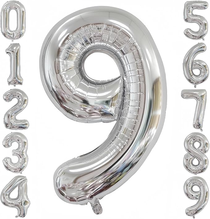 Silver 9 Balloon, 40 Inch Number 9 Balloon, 9 Birthday Balloon Decorations by BBPOOL