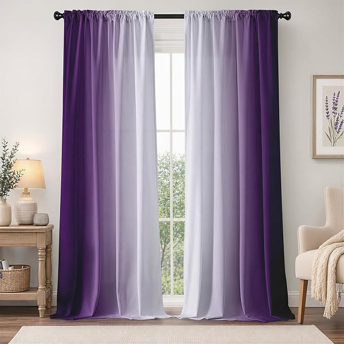 Purple Curtains 84 Inch Length for Living Room 2 Panel Set Purple and Grey by XFLINGBAO