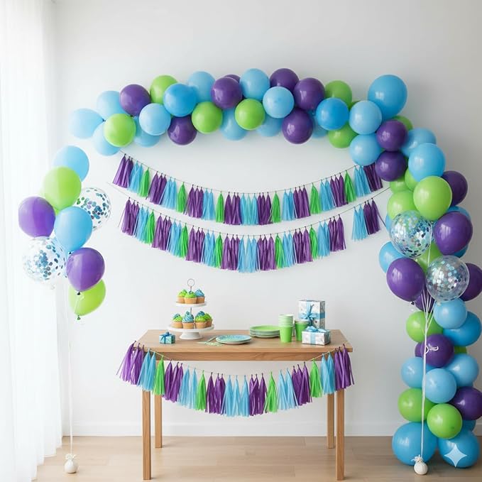 Blue Purple and Green Tassel Garland Banner, 30 Pack Paper Tassels Streamers - Image 4