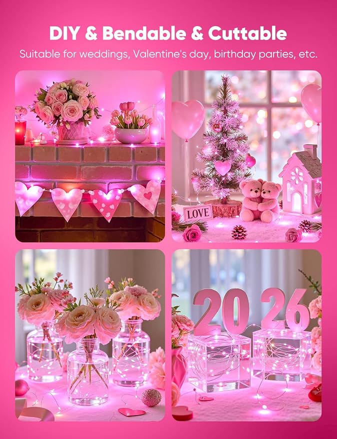Brightown Valentine's Day 12 Pack Pink Led Fairy Lights Battery Operated String - Image 7