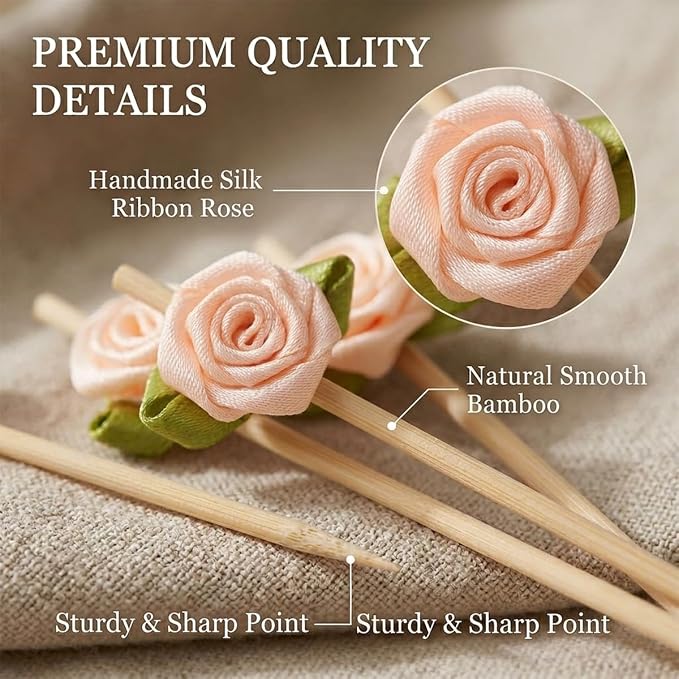 100PCS 4.7" Flower Cocktail Picks, Ribbon Rose Toothpicks Appetizer Skewers | - Image 5