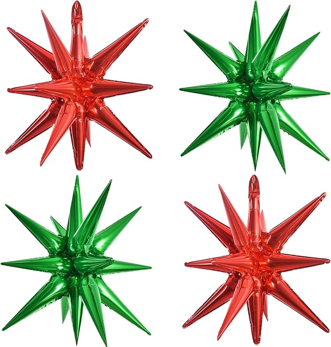 TONIFUL 4Pcs Explosion Star Balloons Red and Green Foil Balloon Party Decor | by TONIFUL