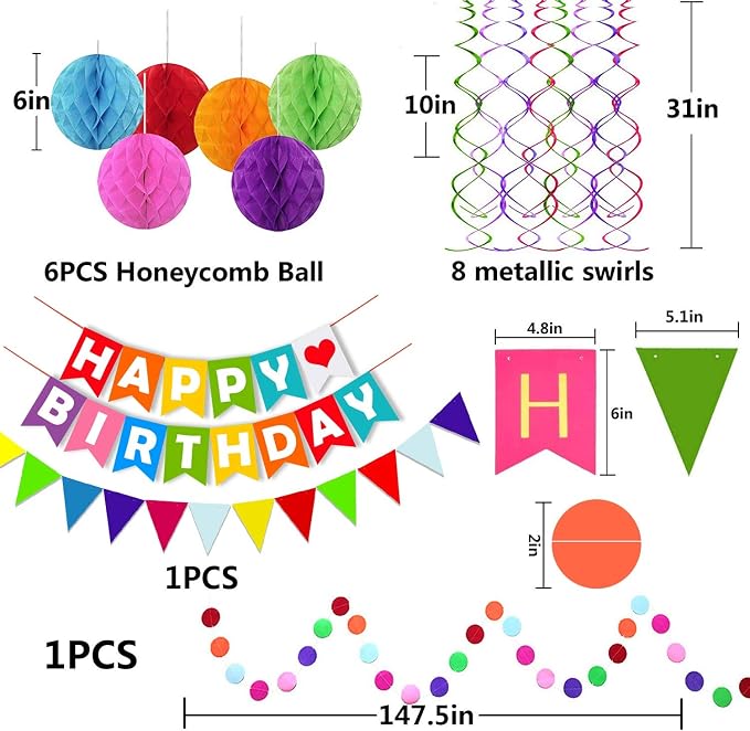 FECEDY Colorful Happy Birthday Banner Paper Triangle Flag Bunting Circle - Image 2