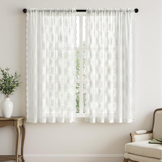 MIULEE Vintage Floral Scalloped Lace Curtains 2 Panels, Short Semi Sheer - Image 7