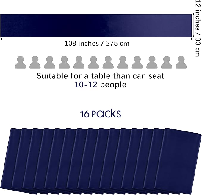 Aneco 16 Pack Satin Table Runner 12 x 108 Inch Navy Blue Long Wedding Satin Silk Table Runner for Wedding Banquet Graduations Birthday Party Decoration