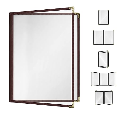 Goodsmart Restaurant Menu Covers - 25 Pack Brown 8.5" x 11", 2-Page/4-View, Side-Loading Vinyl Menu Holders, Clear Sleeves, Double-Stitched Edge, Leather-Style Café Menu Covers with Gold Corners