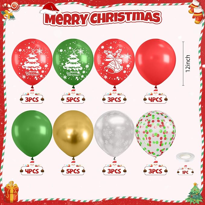 Christmas Balloons, 12 Inch Red Green and Gold Christmas Tree Bell Printed - Image 2