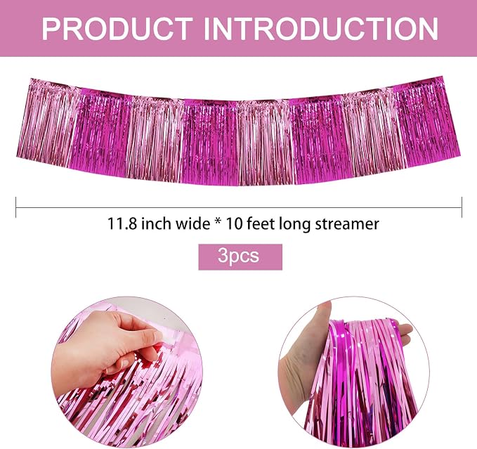 BEISHIDA Pink Mix Fringe Garland Banner 30ft Wall Tinsel Foil Streamers | 3Pack - Image 3