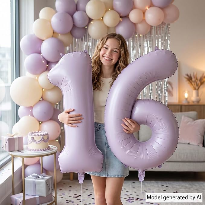 Cream Purple Number 16 Balloon 40 Inch, Pastel Numeral - Image 6