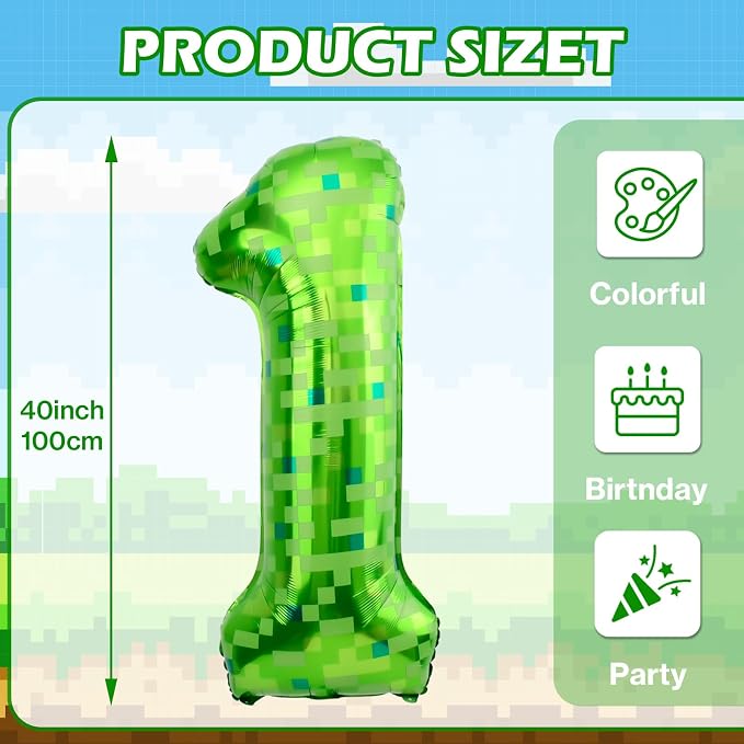 40 Inch Giant Green Pixel Miner Theme Number Balloons 40 Inch Foil Party - Image 2