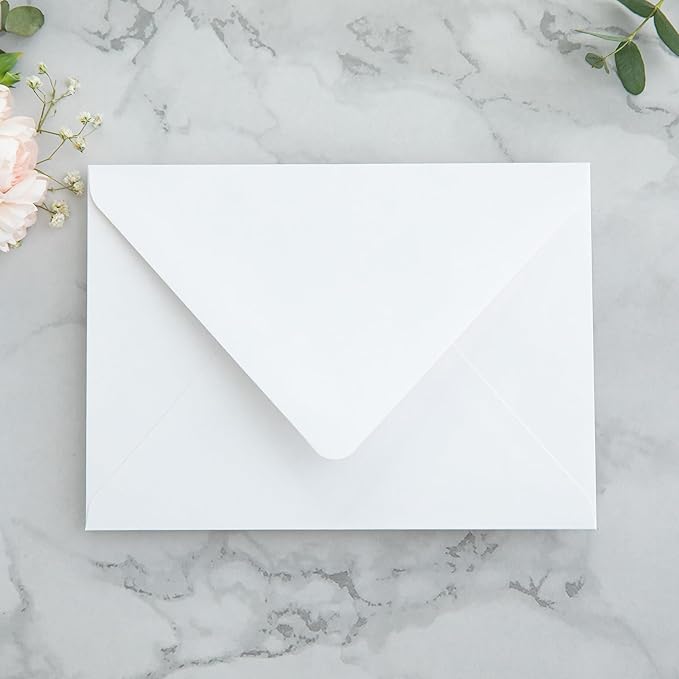 PONATIA 50PCS A7 Euro Flap Envelopes, 5.25 x 7.25'' Liner Envelope For 5x7'' Weddings Invitation Cards, Christmas Gift Cards, Acrylic Invitations, Photos (White & Sage Green Leaves)
