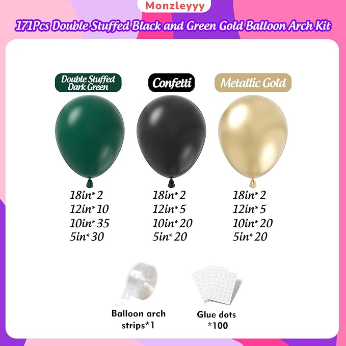 171Pcs Double Stuffed Dark Green Black Gold Balloons Garland Arch Kit - Image 2