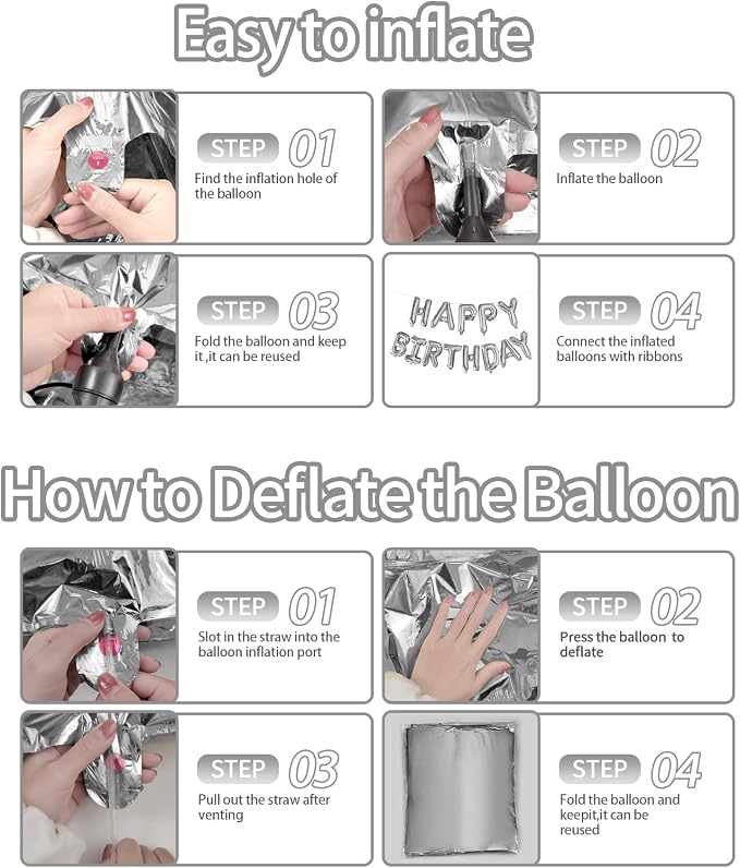 Happy Birthday Balloons Banner Mylar Foil Letter Sign Silver | 16 Inch Reusable - Image 6