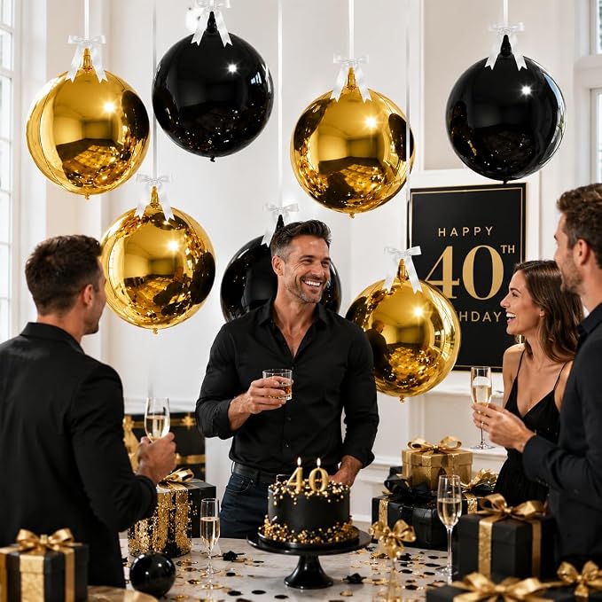 8 Pcs Black Gold Round Foil Balloons 22 Inch Metallic Gloden Black 4D Ball - Image 3