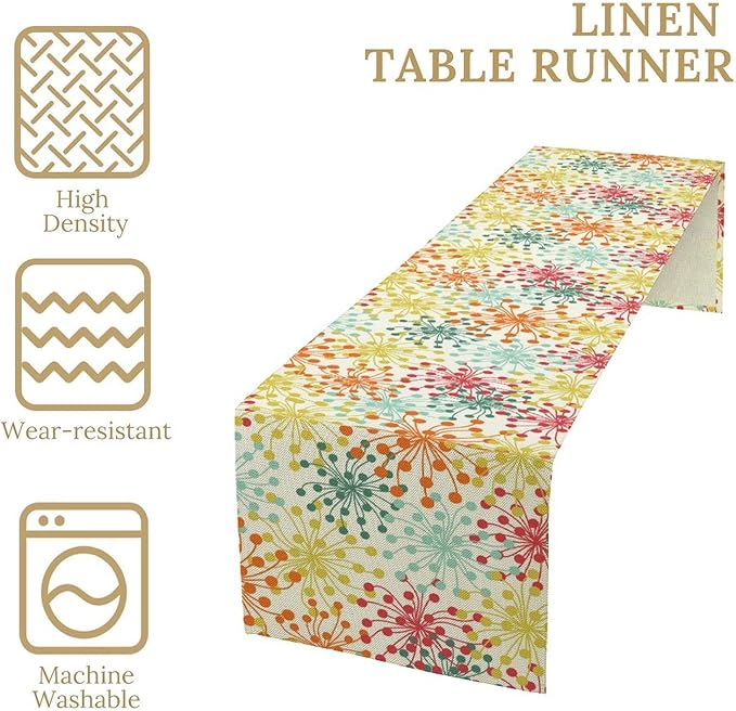 Mid Century Flower Table Runner, Colorful Geometric Abstract Chrysanthemum Vintage Farmhouse Decorations Orange Yellow Gray Table Runner for Kitchen Dining Holiday Party Decor, 13x120 Inch