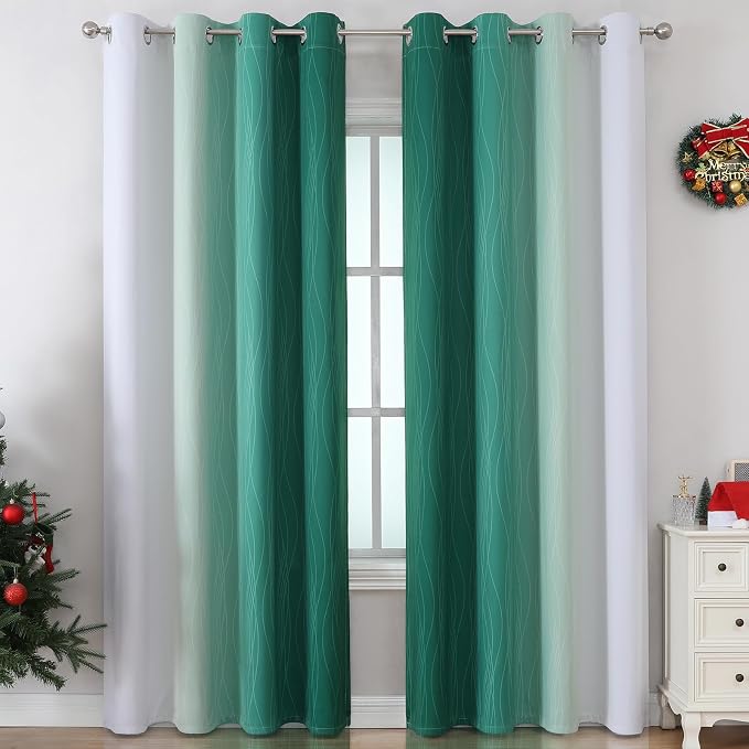 Green and Greyish White Gradient Blackout Curtains 102 Inches Long - Image 2