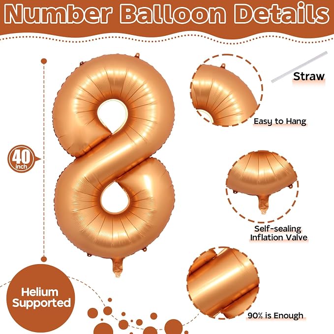 Foil 8th Birthday Number Balloon, Large Orange Helium 8 Balloons Decor - Image 2