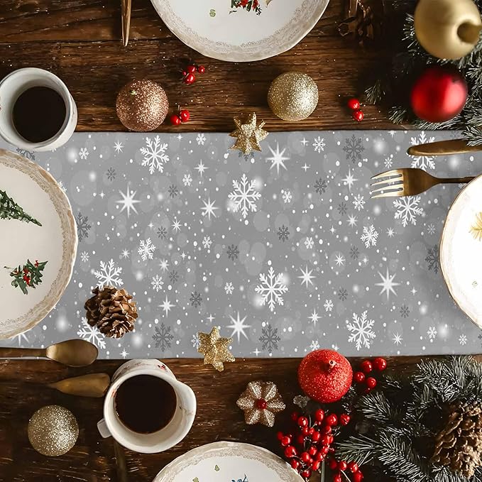 Christmas Snowflakes Cotton Linen Table Runner for Dining Kitchen, Xmas Tree Snow Winter Wedding Outdoor Party Tablerunners Decoration, Grey Balls Dresser Scarf Coffee Tablecloth Runners 13x90 Inches