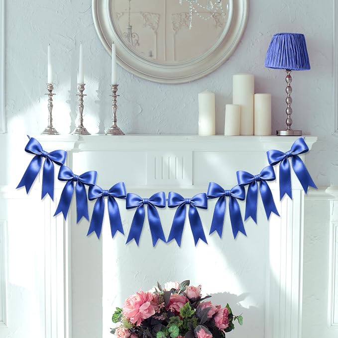 1 String of 8PCS Navy Blue Bow Garland Banner Decoration, Pre-Strung Satin - Image 7