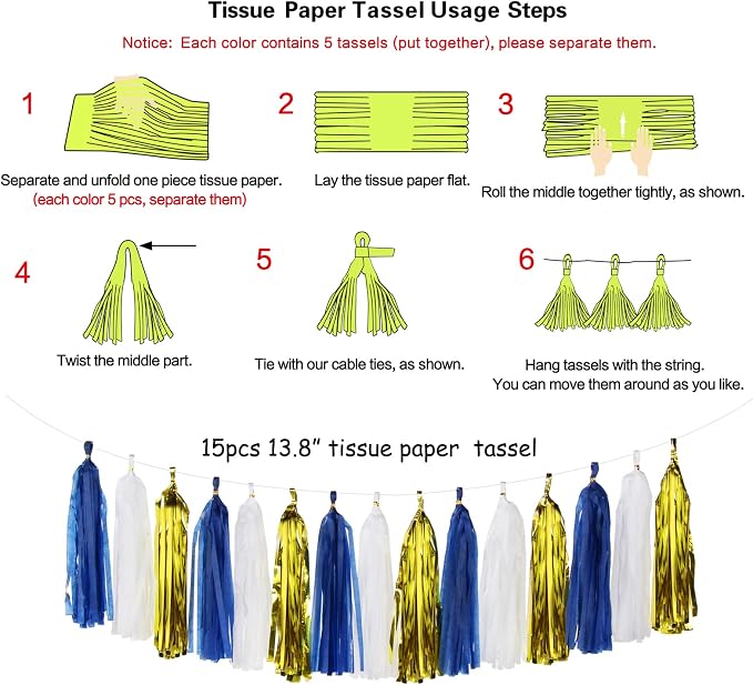 Navy-Blue White-Gold Tassel Garland Streamers- 15pcs Tissue Paper Tassels - Image 4
