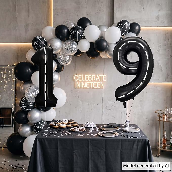 Black and White Stripes Number 19 Balloon 40 Inch, Foil Track Digit | Fast - Image 6