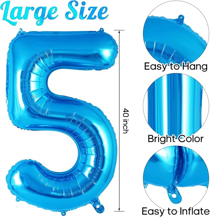 Blue Number 5 Balloon 40 Inch, Big Large Foil Helium Number Balloons, Jumbo - Image 3
