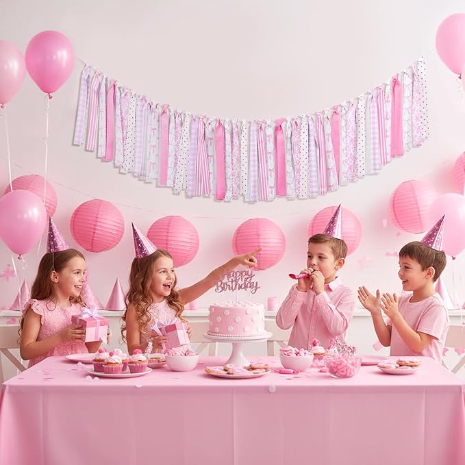 Moukeren Pink Bow Fabric Tassel Garland Coquette Bows Fabric Banner Cotton - Image 3
