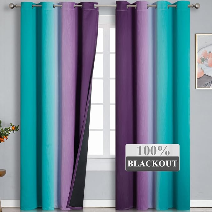 Ombre Purple Blackout Curtains 96 Inches Long, Teal Curtains - Image 2
