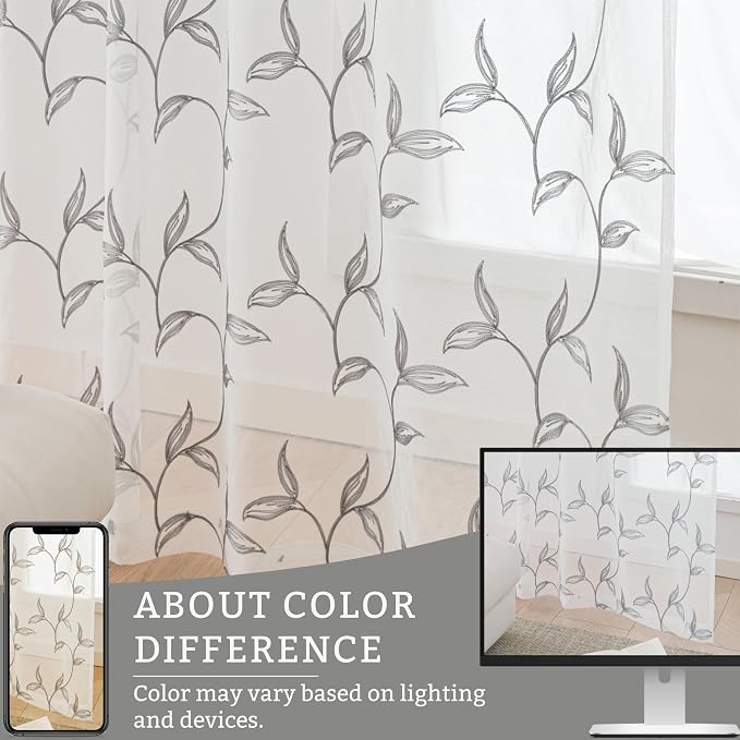 Sheer Curtains Boho Leaf Floral Embroidered Grey 54Wx84L | Light Filtering Semi - Image 8