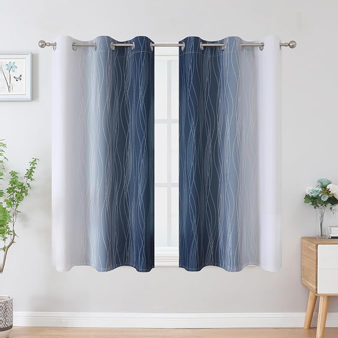 Navy Blue and Greyish White Blackout Curtains 45 Inch Length, Light Blocking - Image 2